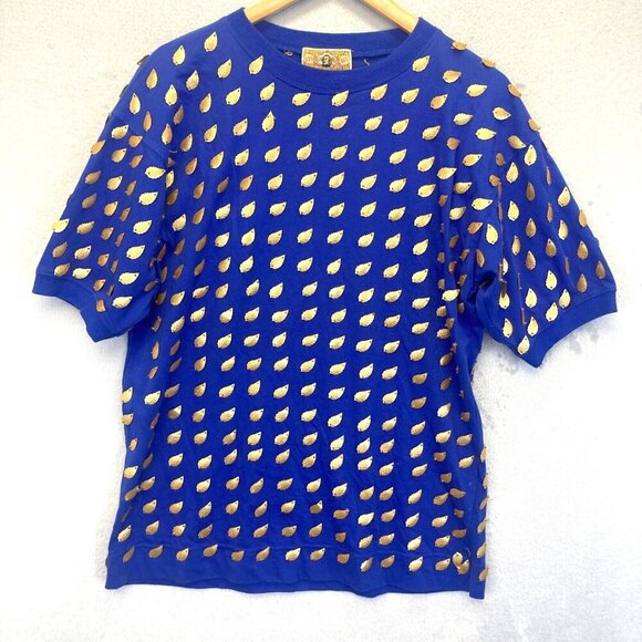 READ! Vintage Gene Ewing Bis Bis Gold Leaf Embellished Blue Knit Tee Top Small - Picture 1 of 16